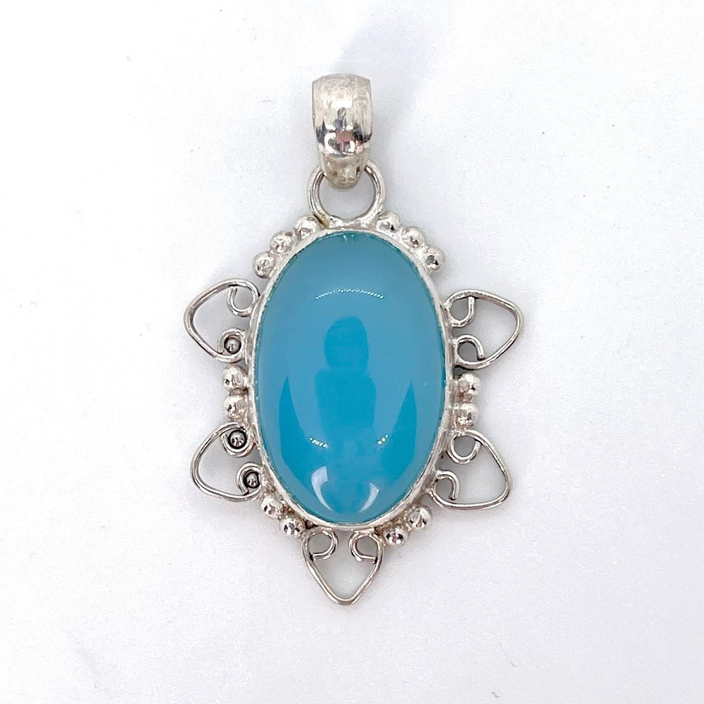 Oval Chalcedony Silver Pendant Bright Aqua Blue Color